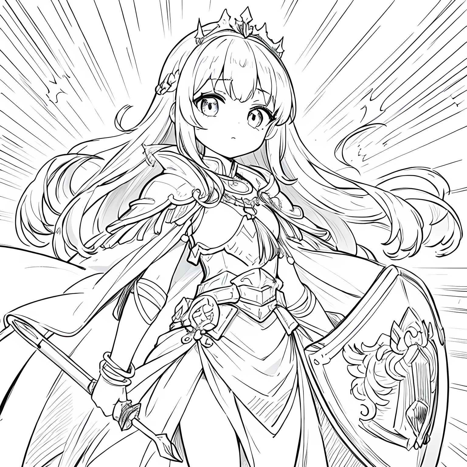 Line art background, background, Monochrome, Line art, ((sketch)),Highest quality,masterpiece,monochrome,Lineart,single color,Create a detailed coloring page,Girl、Big eyes、Beautiful and elegant armor、Plate Armor、Chainmail、Cape、Cape、Small Crown、tiara、Amulet、pendant、bracelet、ring、A large legendary sword engraved with magical powers and symbols.、Powerful Shield、courage、Decisiveness、leadership、Responsibility、Feeling for friends、Dedication、sincerity、Justice、Excellent swordsmanship、High protection、magic、Big eyes、Long Hair、Elegant style、Beauty and charm、