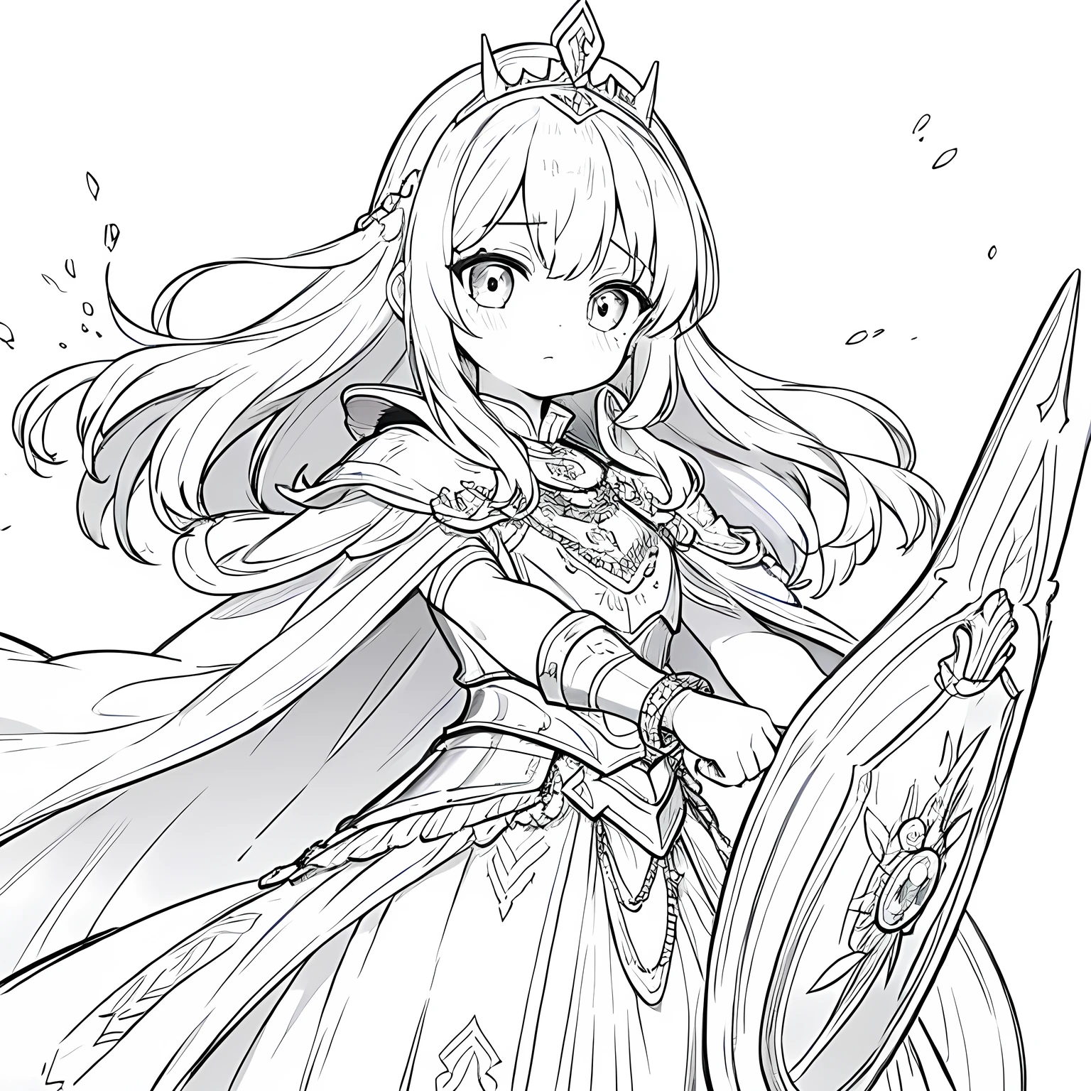Line art background, background, Monochrome, Line art, ((sketch)),Highest quality,masterpiece,monochrome,Lineart,single color,Create a detailed coloring page,Girl、Big eyes、Beautiful and elegant armor、Plate Armor、Chainmail、Cape、Cape、Small Crown、tiara、Amulet、pendant、bracelet、ring、A large legendary sword engraved with magical powers and symbols.、Powerful Shield、courage、Decisiveness、leadership、Responsibility、Feeling for friends、Dedication、sincerity、Justice、Excellent swordsmanship、High protection、magic、Big eyes、Long Hair、Elegant style、Beauty and charm、