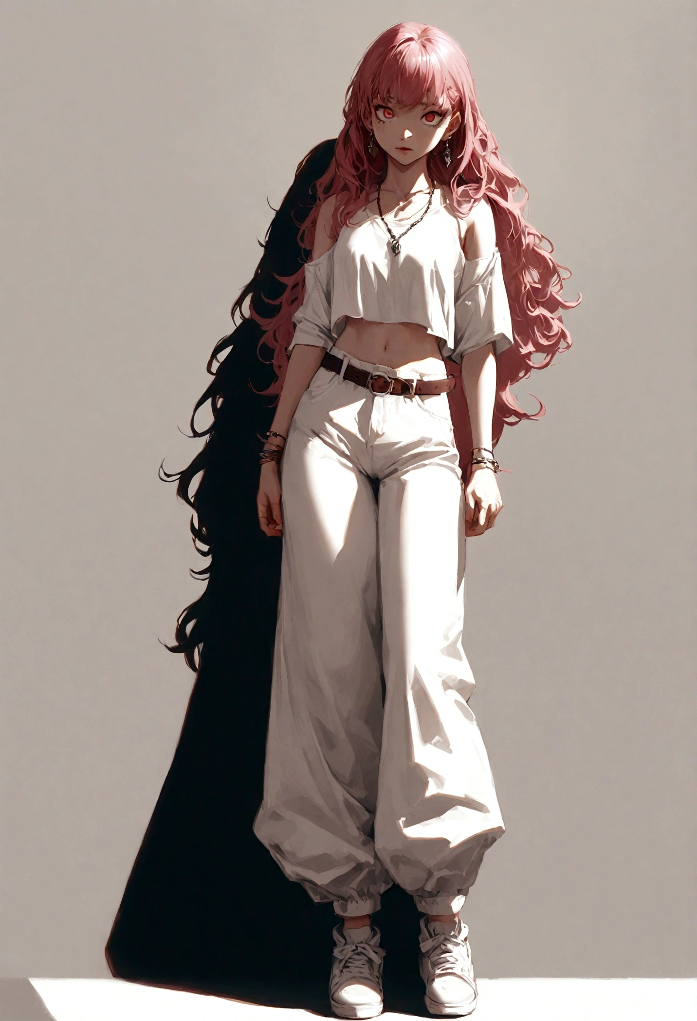 desnuda totalmente, 1 girl, perfect female body, soothing tones, muted colors, high contrast, (natural skin texture, hyperrealism, soft light, sharp), long hair, pink hair, medium breasts, thigh, wearing crop top and baggy pants, wearing sneaker, basic background, necklace, earrings, bracelet, belt, depth_of_field, (sharp eyes), tall figure, eyes makeup, deep shadows, pose like a model, full body, cowboy_shot
