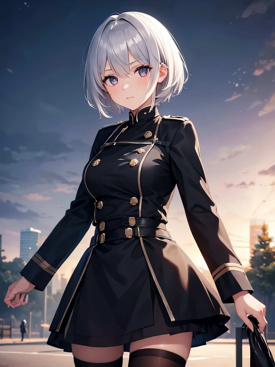1girl,silver hair,silver eyes,black army uniform, short hair, standing in the park, at night, close up photo, Ultra detail, ultra HD, masterpiece 