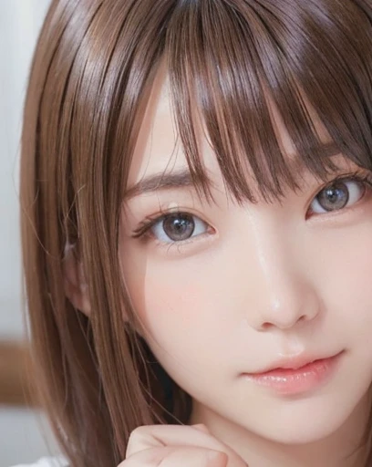 1 Female, (Close-up of face:2.0), Light brown hair, Blunt bangs, Hair behind the ear, Hair that falls over the shoulders, Long Hair, Ultra-fine face, Thin face, Eyes like delicate lips:1.5), Light blush, eyes are light brown,Have a look at this, Ultra-thin needle, Very thin fingers, The optimal ratio is four fingers to one thumb, Underwear with high exposure ,First Person View,  8k, Tabletop, Hmph, Super detailed, high quality, 最high quality, High resolution,