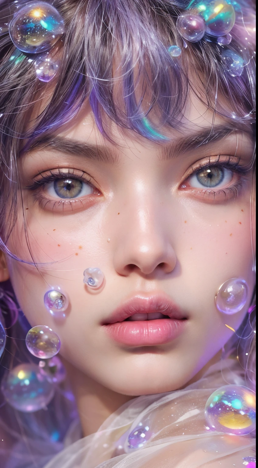 ((Masterpiece)). This work of art is sweet., Dreamy and impersonal, With a pale pink aqua hue and candy accents.. Create a delicate and gentle angel to explore. (A world of chewing gum with various pastel shades.). Her sweet face is extremely detailed and realistic with elegant features and a fierce expression, and it seems ((((Naomi Scott)))). Includes mature and amazing features., very realistic eyes. Her eyes are important and should look realistic., Highly detailed, and beautiful. with high clarity and detail, Includes many details such as stars., galaxy, colorful bubbles, Multicolored petals, And a lot of energy and emotion.! Colorful stars and bubble gum are important.! Including fantasy details, Improved details, iridescence, colorful breeze, and pollen. Pay special attention to her face and make sure her face is beautifully detailed and realistic.. The image should be Dreamy and impersonal.8ก, complicated, elegant, Highly detailed, majestic, digital photography