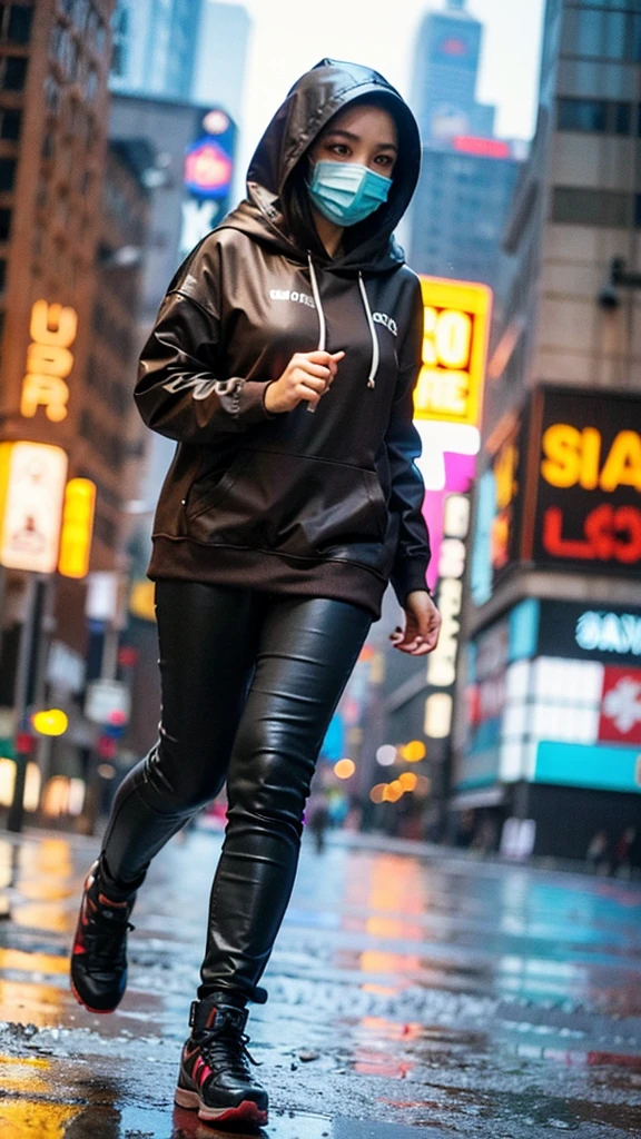beautiful hijab woman wear mask (brunette),,wearing hoodie and tight pants,background of city in the rain detailed,outdorr lighting,extra detailed,ultra hd,realistic