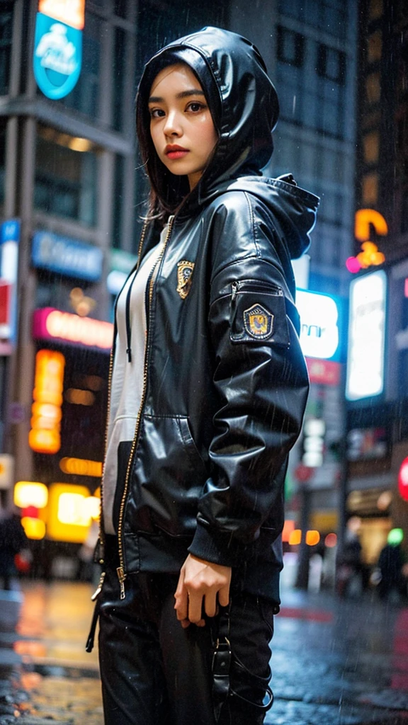 beautiful hijab woman wear mask (brunette),,wearing hoodie and tight pants,background of city in the rain detailed,outdorr lighting,extra detailed,ultra hd,realistic