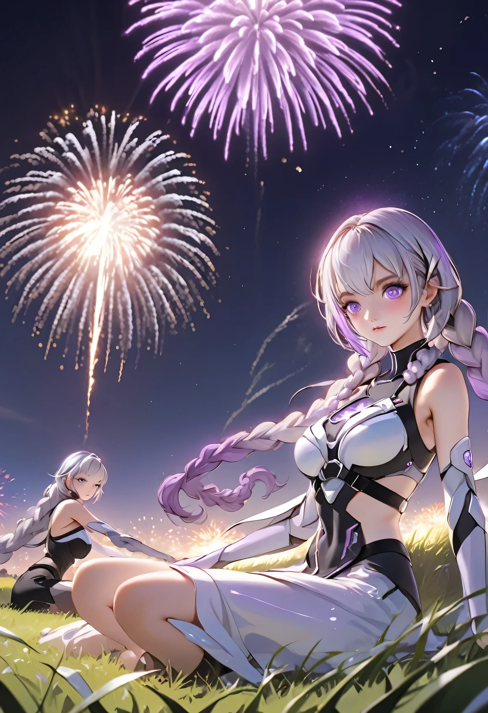 (Very detailed CG unified 16k wallpaper:1.1), (Denoising Strength: 1.45), Two girls sitting on the grass watching fireworks，1girl, cryptic_g, purple eyes, silver hair, gradient hair, twin braided hair,Beautiful and delicate eyes,,Dark purple with white hair, Fluorescent violet。Another girl with short black hair，Next to a girl， Beautiful and detailed city night in the background,night，Under the Moonlight，Fireworks in the night sky， Perspective Effect, Very detailed, Lots of details, HD semi-realistic anime CG concept art digital, illustration, (masterpiece:1.37), masterpiece, best quality，poster
