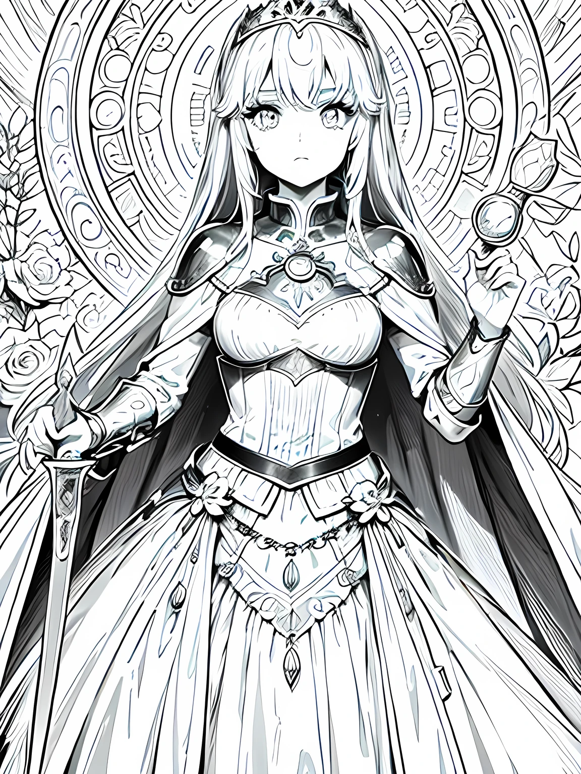 Line art background, background, Monochrome, Line art, ((sketch)),Highest quality,masterpiece,monochrome,Lineart,single color,Create a detailed coloring page,Girl、Big eyes、Beautiful and elegant armor、Plate Armor、Chainmail、Cape、Cape、Small Crown、tiara、Amulet、pendant、bracelet、ring、A large legendary sword engraved with magical powers and symbols.、Powerful Shield、courage、Decisiveness、leadership、Responsibility、Feeling for friends、Dedication、sincerity、Justice、Excellent swordsmanship、High protection、magic、Big eyes、Long Hair、Elegant style、Beauty and charm、