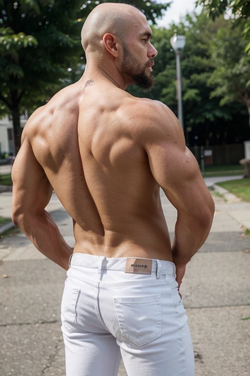 muscular manly man  bald with beard, 25 years old, full body,  with his back turned,   white jeans. 