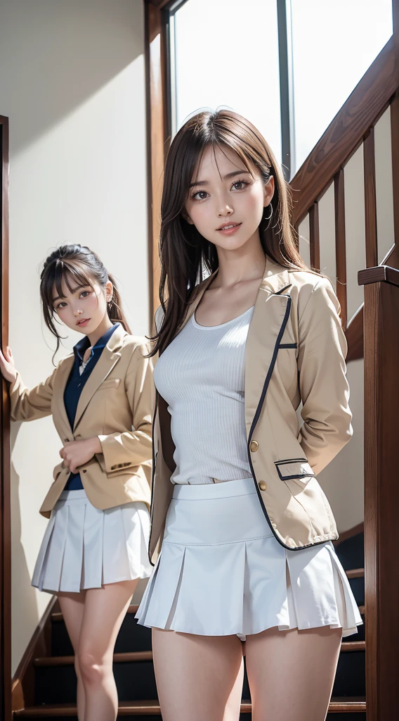 (8K, best quality, masterpiece:1.2), (realistic, photo-realistic:1.37), (high color saturation:1.0), (highly detailed skin), (highest quality:1.0), (ultra high resolution:1.0) ,(realistic:1.0), (Super detailed:1.0), (8K, Raw photo:1.1)、standing random pose, smiling, natural breast, perfect lighting, ((3girls students)), 18years old, (mysterious), clear and detailed, ((school_uniform, Japanese blazer uniform, flared skirt)), (indoor school climb the stairs), surprised face, (I can see her small white panties:1.3), looking at back viewer, nsfw, low angle photo,