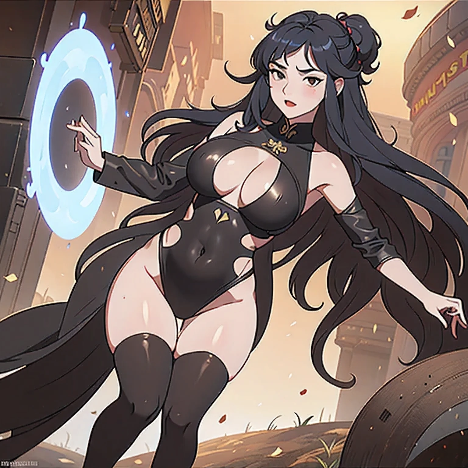 a woman (wearing Very sexy black transparent Ultra-realistic thighhighs,Very large breasts,:1.2),