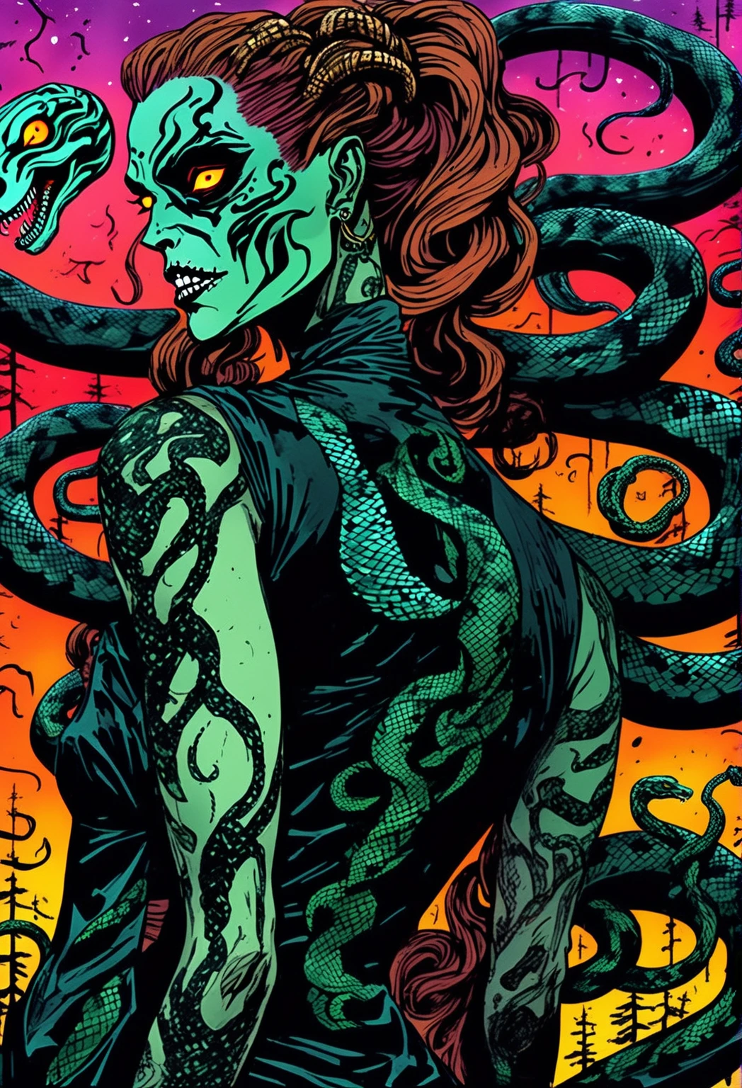 Back tattoo, blackwork tattoo, serpent snake back tattoo, watercolor, charcoal, surreal, animated hand drawn cartoon rotoscope, (full roygbiv color) ink expressive illustration, no light source, darkness, light mask uv rays across face, absurd, with rich color grading, cel shading, warm and unified colors, animated, VHS, glitch, distorted, nostalgia, 90's retro vibe, hyper maximal, strange, hyperrealistic, rotoscope expressive ink bold line hand drawn, in a cinematic style, analog tape, vcr aesthetics, tv, television, hand drawn, minimal, precise, Medusa, splash page decompressed comic cover art, ink style figure, ((expressive Joelle Jones and "Sean Gordon Murphy" comic drawing)), wordless, cinematic poster, , forest green, earth brown), morphology anatomy drawn Frederic Delavier musculature anatomical illustration, (face, ornate black metal corpse paint, resembles Grace Jones), abyss void black no visibility darkness, full length portrait, colors, bleak muted deep fiery radiant glowing ROYGBIV, (background, pine barrens, entropy, rewilding, magic hour sunset, galaxy stars, cosmos), candid, snake skin dress, (body, Naga, snakefolk, lower body snake tail, snake woman hybrid, bald, hairless, skeleton, snake skin tattoos, piercing eyes, snake pupils, over the shoulder), craftsmanship nuance, (Gerardo Zaffino charcoal), (horror, abstract, surreal, body, cosmic), subliminal orchids, nyctophobia, silhouette, double exposure, image within image,
