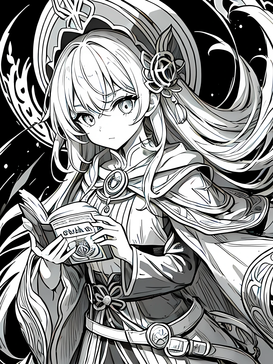 Line art background, background, Monochrome, Line art, ((sketch)),Highest quality,masterpiece,monochrome,Lineart,single color,Create a detailed coloring page,Girl、Big eyes、A long robe with wide sleeves and a hem、Large hood、Pointed hat、Mysterious Aura、A cloak decorated with a magic circle emblem、Amulet、pendant、A wand inlaid with gems and magical runes、book of magic、Magic Ring、Portion、belt、incantation、magic theory、Curious、High concentration、Calm、Theoretical、Calculating、mysterious、Elemental Magic、Powerful incantation、magic theory