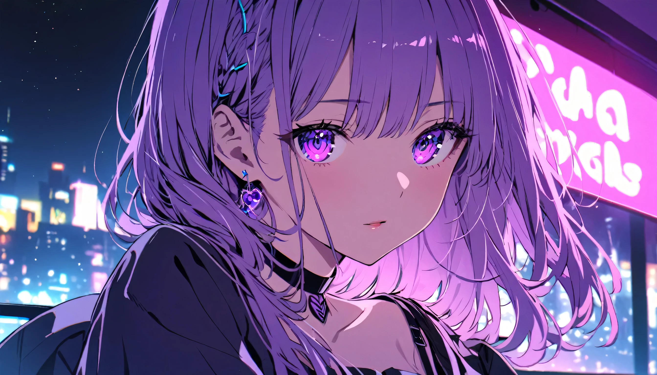 girl, 1 person, Night view, purple, Neon feel