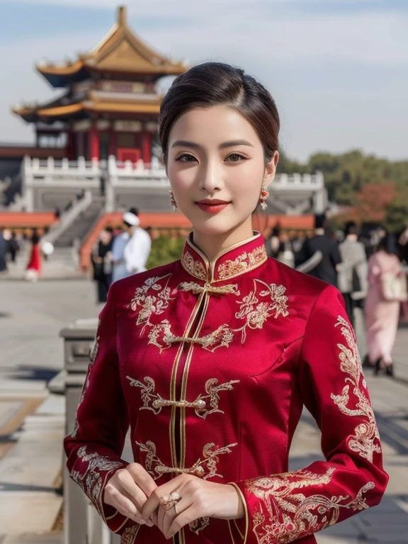 Asian woman Arav in red dress standing in front of building, traditional chinese, Chinese dress, traditional chinese clothing, Chinese style, Cheongsam, Chinese dress, wearing a red Cheongsam, with ancient Chinese clothes, สวมChinese dressโบราณ, Tailoring a suit according to tradition, Chinese woman, Chinese princess, Empress of China, Wear a luxurious silk dress.