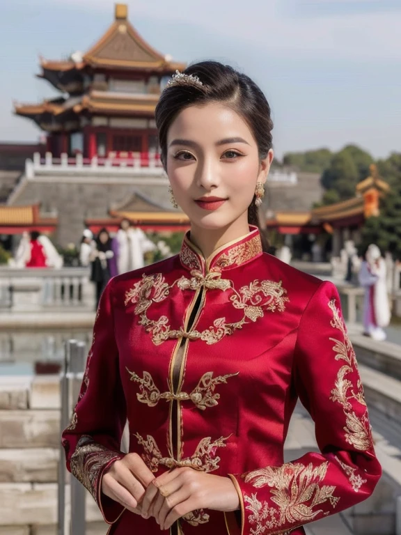 Asian woman Arav in red dress standing in front of building, traditional chinese, Chinese dress, traditional chinese clothing, Chinese style, Cheongsam, Chinese dress, wearing a red Cheongsam, with ancient Chinese clothes, สวมChinese dressโบราณ, Tailoring a suit according to tradition, Chinese woman, Chinese princess, Empress of China, Wear a luxurious silk dress.