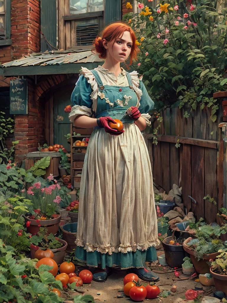 1920s，A very poor red-haired Victorian domestic worker, In the backyard of a small Victorian working class apartment，Wearing a tattered red maid costume，She ate a ripe, juicy tomato，While tending to the vegetable garden, Extremely detailed and complex, Bokeh, Shallow and deep, Don Lawrence realistic color comic scene style, Low profile, Octane Rendering, Octane Lighting, 1lldw1