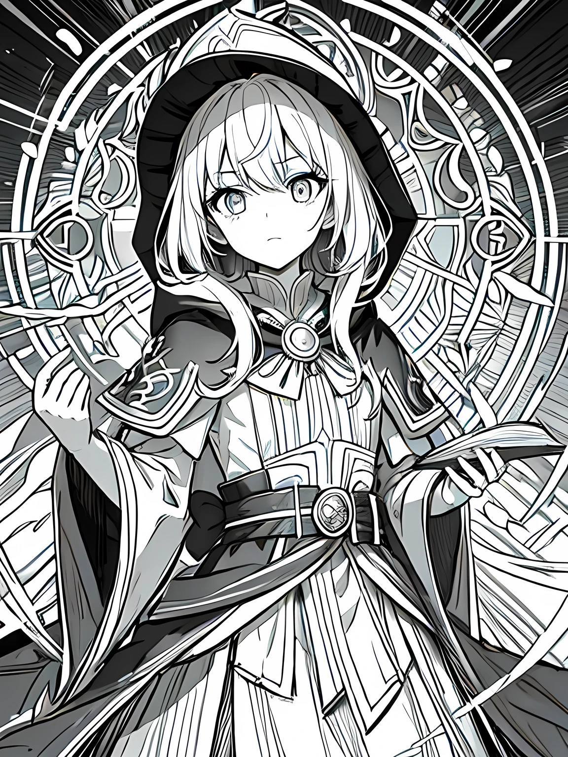 Line art background, background, Monochrome, Line art, ((sketch)),Highest quality,masterpiece,monochrome,Lineart,single color,Create a detailed coloring page,Girl、Big eyes、A long robe with wide sleeves and a hem、Large hood、Pointed hat、Mysterious Aura、A cloak decorated with a magic circle emblem、Amulet、pendant、A wand inlaid with gems and magical runes、book of magic、Magic Ring、Portion、belt、incantation、magic theory、Curious、High concentration、Calm、Theoretical、Calculating、mysterious、Elemental Magic、Powerful incantation、magic theory