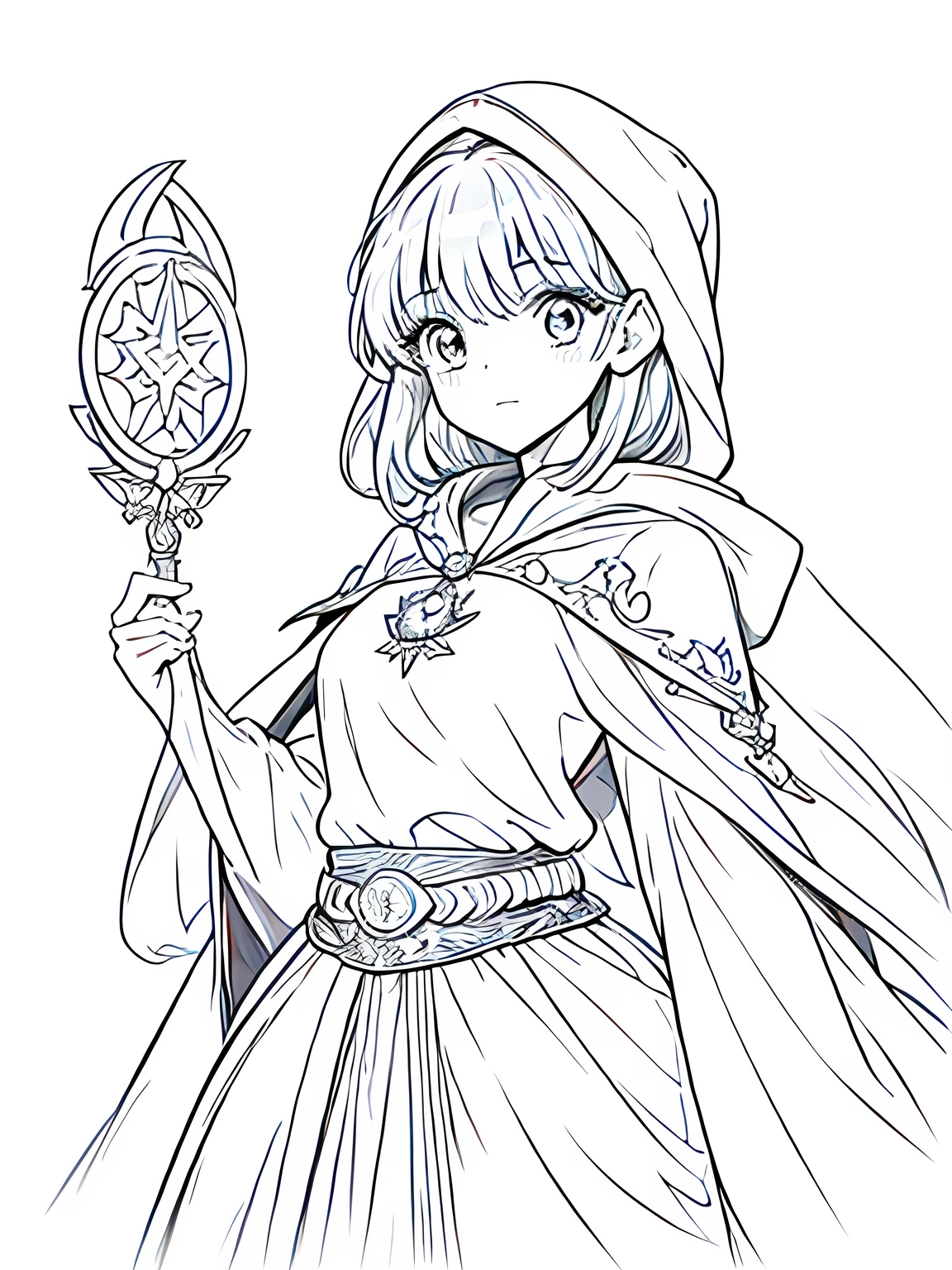 Line art background, background, Monochrome, Line art, ((sketch)),Highest quality,masterpiece,monochrome,Lineart,single color,Create a detailed coloring page,Girl、Big eyes、A long robe with wide sleeves and a hem、Large hood、Pointed hat、Mysterious Aura、A cloak decorated with a magic circle emblem、Amulet、pendant、A wand inlaid with gems and magical runes、book of magic、Magic Ring、Portion、belt、incantation、magic theory、Curious、High concentration、Calm、Theoretical、Calculating、mysterious、Elemental Magic、Powerful incantation、magic theory