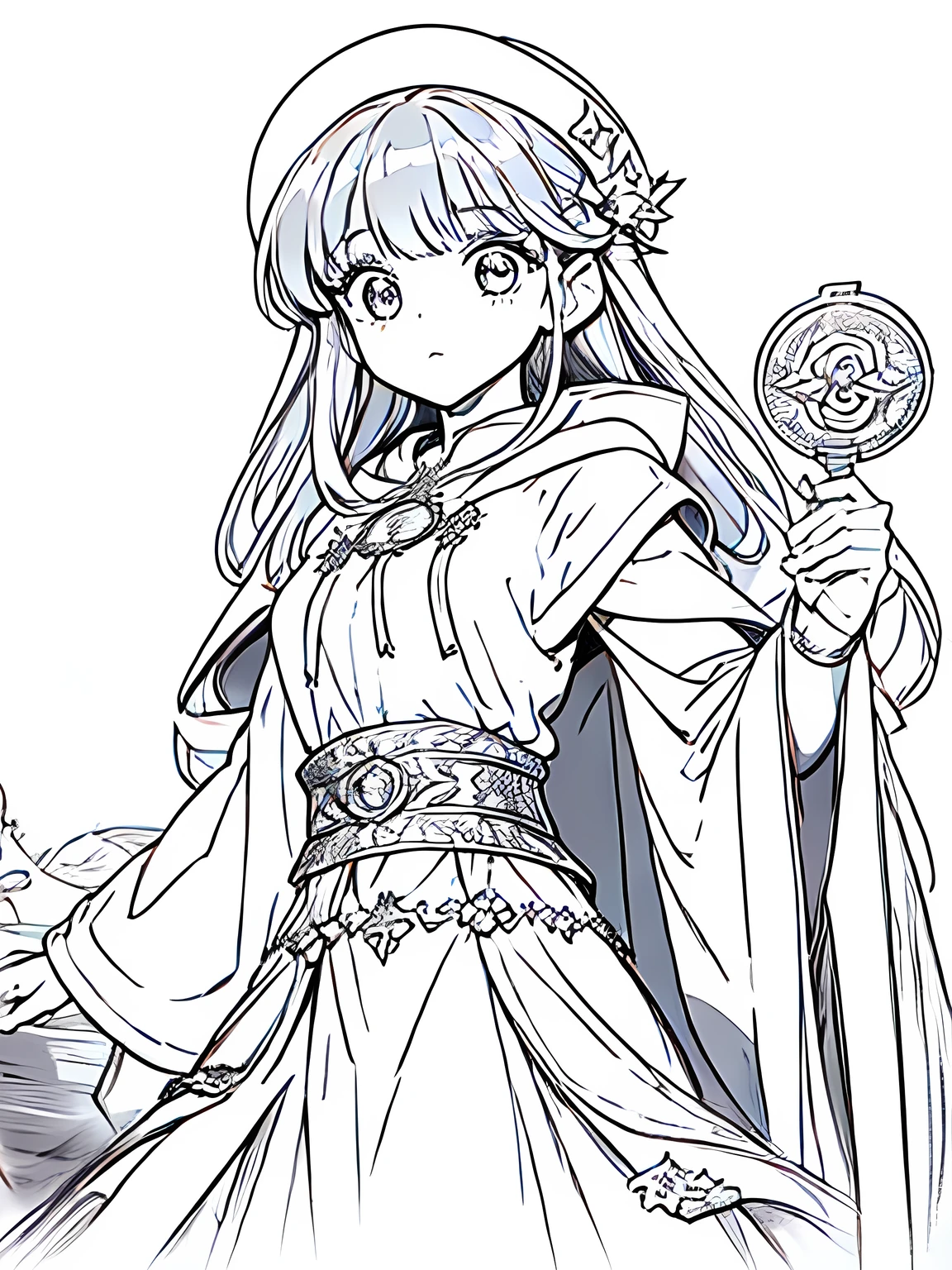 Line art background, background, Monochrome, Line art, ((sketch)),Highest quality,masterpiece,monochrome,Lineart,single color,Create a detailed coloring page,Girl、Big eyes、A long robe with wide sleeves and a hem、Large hood、Pointed hat、Mysterious Aura、A cloak decorated with a magic circle emblem、Amulet、pendant、A wand inlaid with gems and magical runes、book of magic、Magic Ring、Portion、belt、incantation、magic theory、Curious、High concentration、Calm、Theoretical、Calculating、mysterious、Elemental Magic、Powerful incantation、magic theory