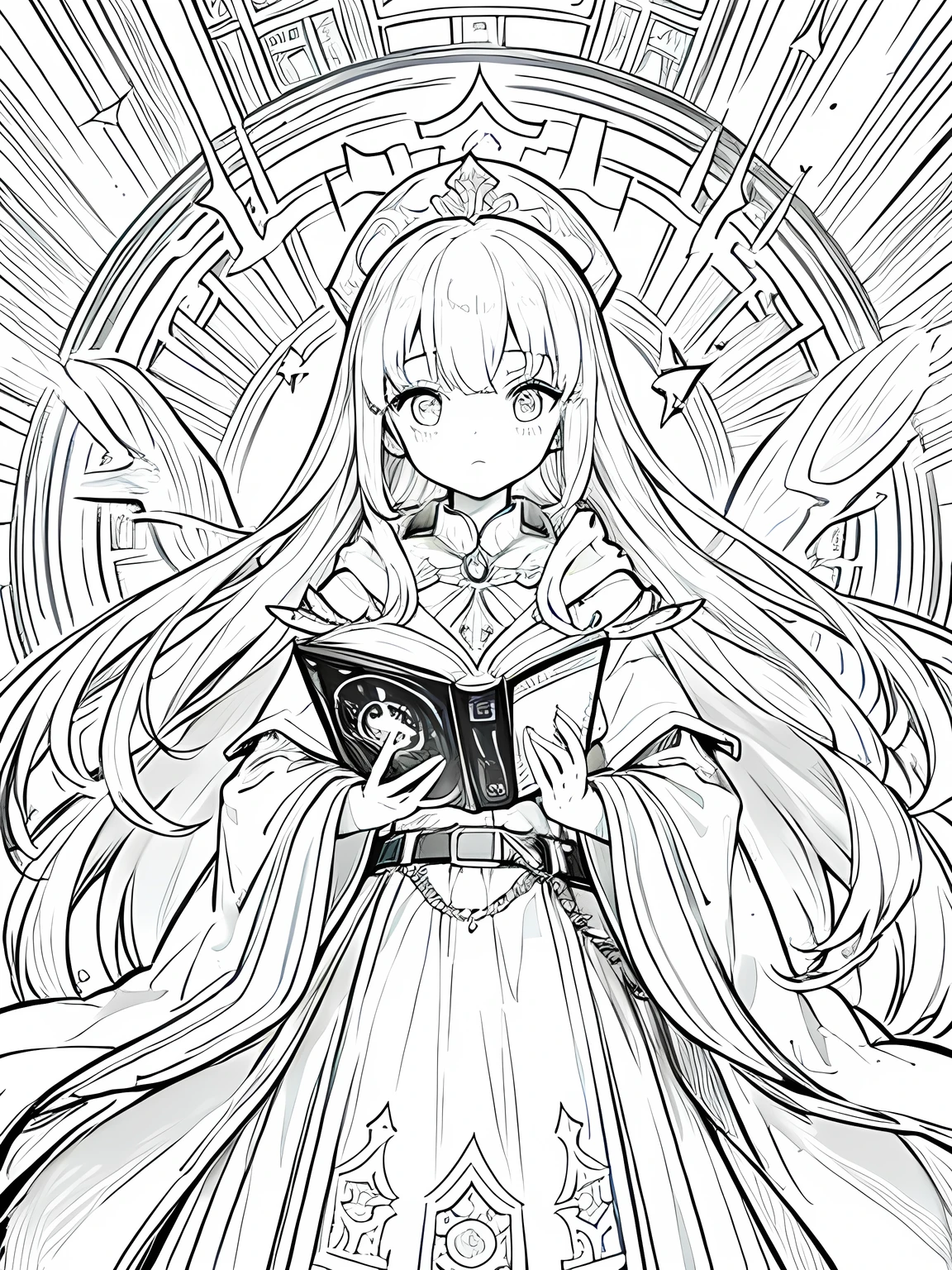 Line art background, background, Monochrome, Line art, ((sketch)),Highest quality,masterpiece,monochrome,Lineart,single color,Create a detailed coloring page,Girl、Big eyes、A long robe with wide sleeves and a hem、Large hood、Pointed hat、Mysterious Aura、A cloak decorated with a magic circle emblem、Amulet、pendant、A wand inlaid with gems and magical runes、book of magic、Magic Ring、Portion、belt、incantation、magic theory、Curious、High concentration、Calm、Theoretical、Calculating、mysterious、Elemental Magic、Powerful incantation、magic theory