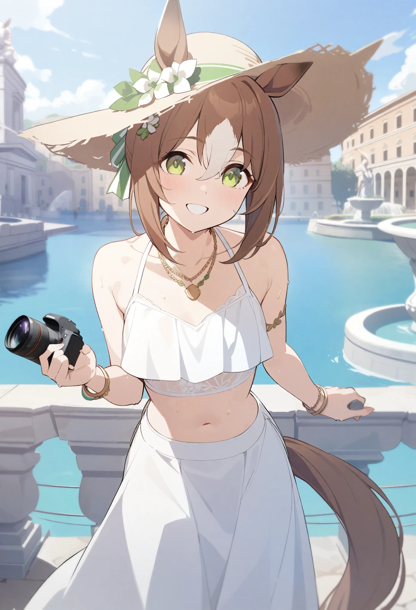 (kinako_(shiratama mochi) style), fine_motion_\umamusume\), white croptop, nsfw, masterpiece, long skirt, white skirt, sun hat, solo, 1 girl, horse ears, horse tail, navel, bare stomach, sweaty, cowboy shot, hair ornament, outdoors, rome, fountain, collarbones, slim waist, brown hair, detailed eyes, beautiful eyes, green eyes, necklace, gold bracelet, gold cutouts, jewelries, italy, europe, sicily, seaside, yacht, old dock, smiling, holding digital camera