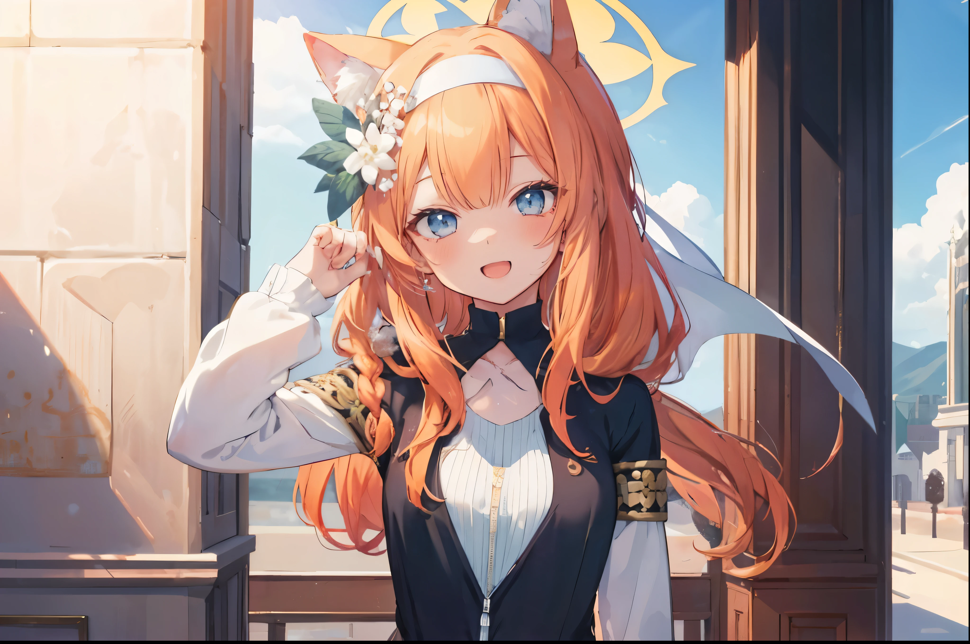 Marie、masterpiece、Best image quality、最high quality、1 person、girl (Open Mouth Smile), independent , Cute pose, masterpiece, Anime art style, Cute Characters, Most detailed, high quality、Shiny Hair、Very fine and beautiful bright eyes、nose blush、spoken heart、Very detailed, clear and beautiful face, Awards, (((Anatomically correct)))、Orange Hair、Angle from afar