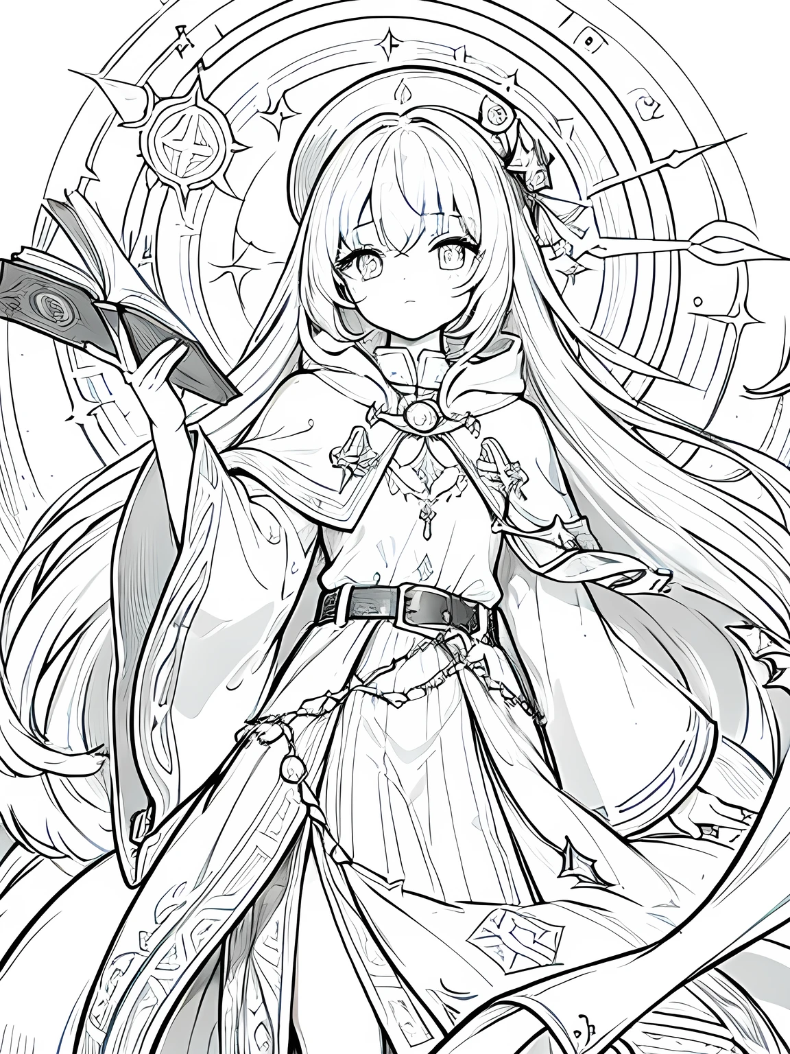 Line art background, background, Monochrome, Line art, ((sketch)),Highest quality,masterpiece,monochrome,Lineart,single color,Create a detailed coloring page,Girl、Big eyes、A long robe with wide sleeves and a hem、Large hood、Pointed hat、Mysterious Aura、A cloak decorated with a magic circle emblem、Amulet、pendant、A wand inlaid with gems and magical runes、book of magic、Magic Ring、Portion、belt、incantation、magic theory、Curious、High concentration、Calm、Theoretical、Calculating、mysterious、Elemental Magic、Powerful incantation、magic theory