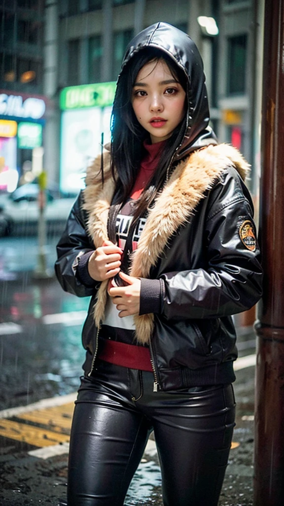 beautiful hijab woman wear mask (brunette),,wearing hoodie and tight pants,background of city in the rain detailed,outdorr lighting,extra detailed,ultra hd,realistic