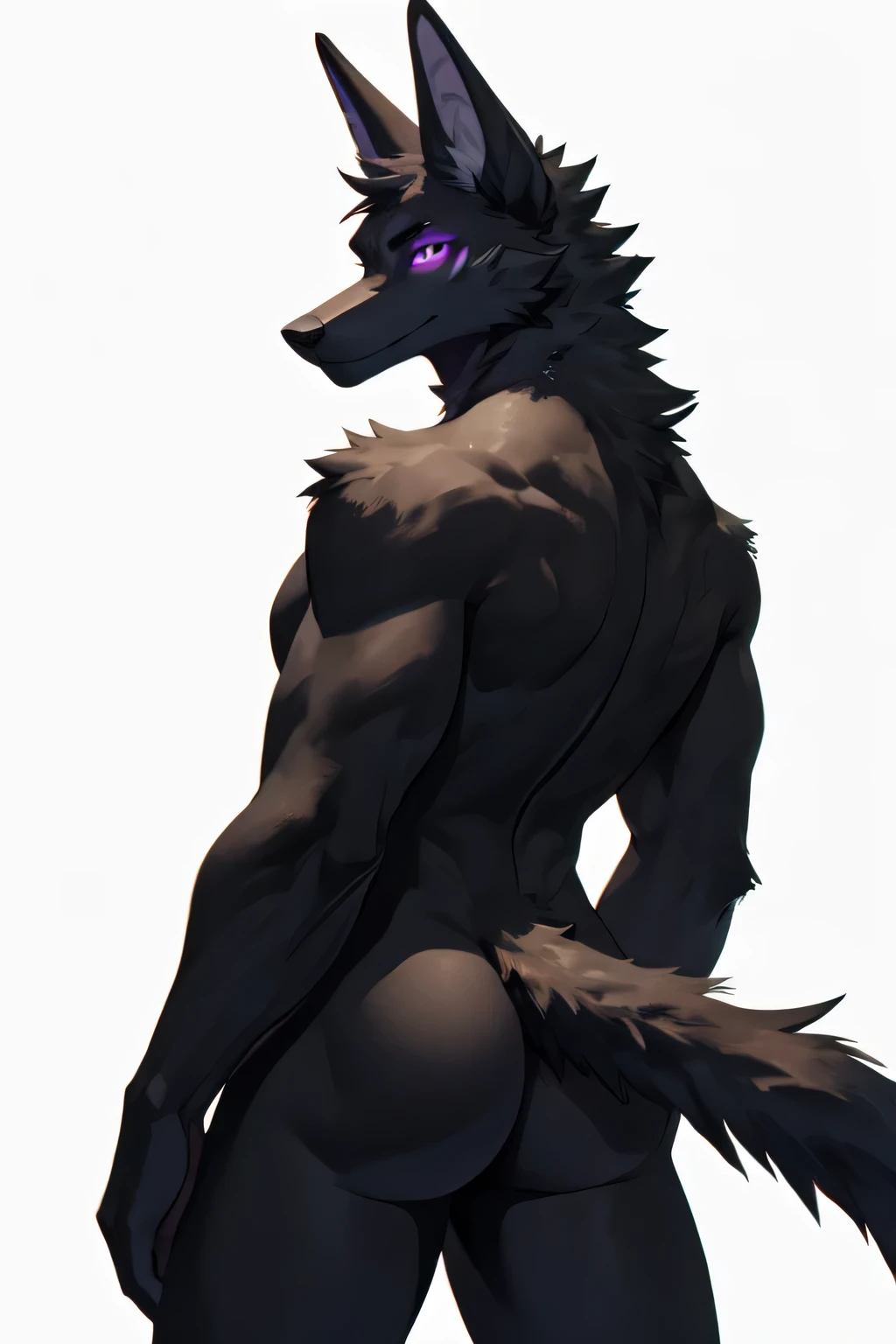 adult male, anthro jackal, dat ass, big butt, nude, looking at viewer, looking back at viewer, purple eyes, glowing eyes, black fur, black body, full black body, full black fur, athletic male, body completely in black,