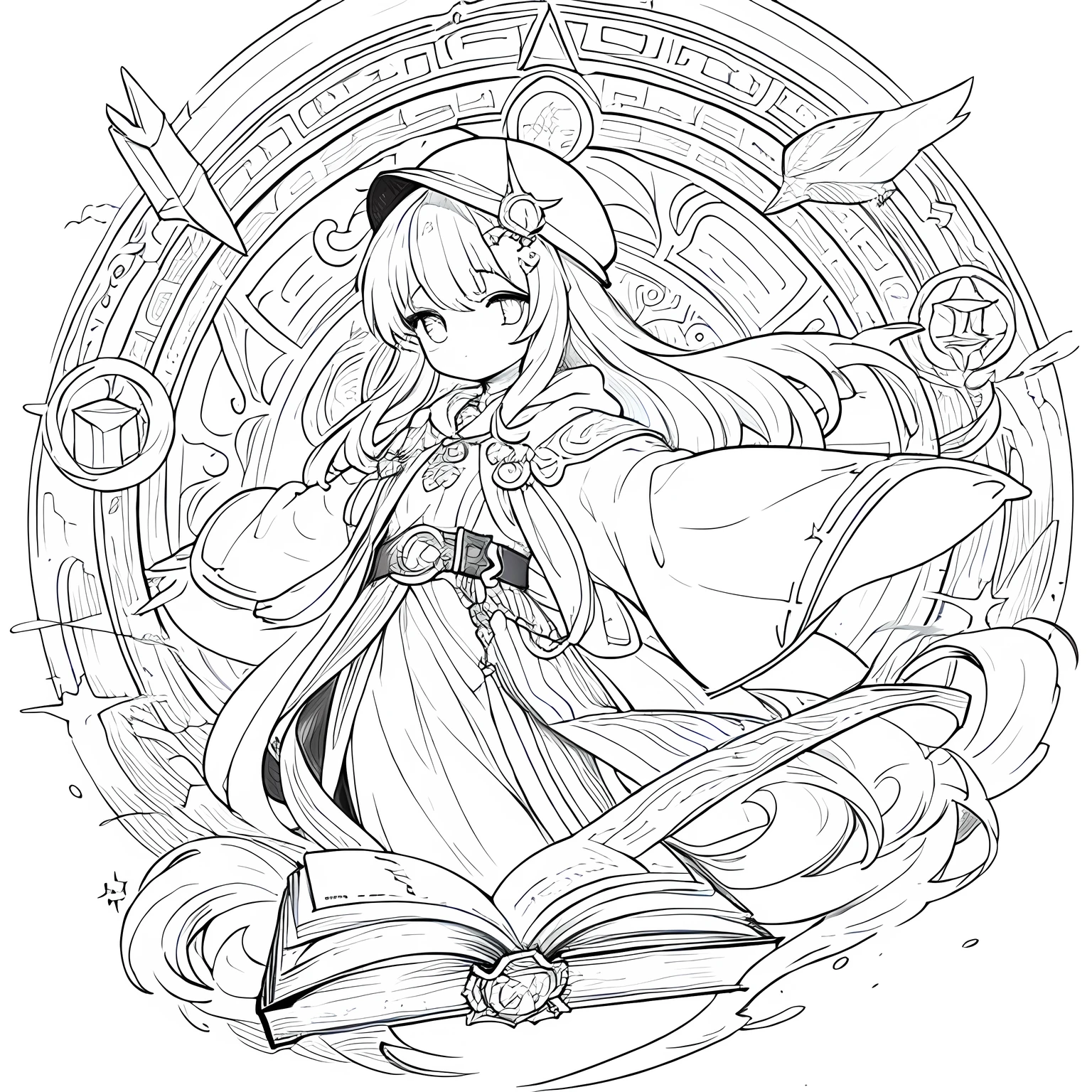 Line art background, background, Monochrome, Line art, ((sketch)),Highest quality,masterpiece,monochrome,Lineart,single color,Create a detailed coloring page,Girl、Big eyes、A long robe with wide sleeves and a hem、Large hood、Pointed hat、Mysterious Aura、A cloak decorated with a magic circle emblem、Amulet、pendant、A wand inlaid with gems and magical runes、book of magic、Magic Ring、Portion、belt、incantation、magic theory、Curious、High concentration、Calm、Theoretical、Calculating、mysterious、Elemental Magic、Powerful incantation、magic theory