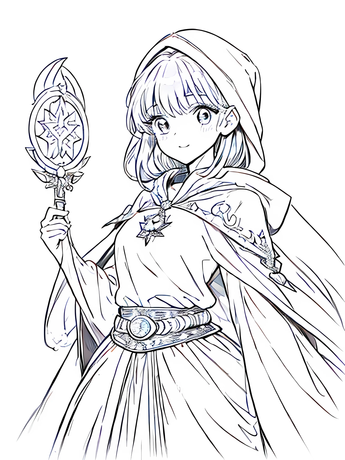 Line art background, background, Monochrome, Line art, ((sketch)),Highest quality,masterpiece,monochrome,Lineart,single color,Create a detailed coloring page,Girl、Big eyes、A long robe with wide sleeves and a hem、Large hood、Pointed hat、Mysterious Aura、A cloak decorated with a magic circle emblem、Amulet、pendant、A wand inlaid with gems and magical runes、book of magic、Magic Ring、Portion、belt、incantation、magic theory、Curious、High concentration、Calm、Theoretical、Calculating、mysterious、Elemental Magic、Powerful incantation、magic theory,smile