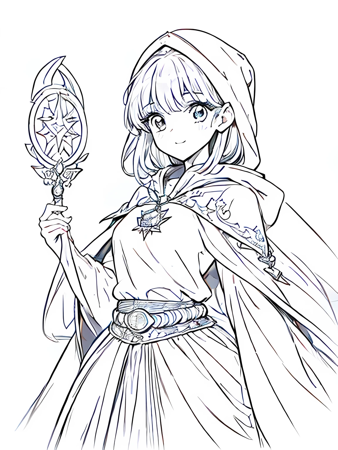 Line art background, background, Monochrome, Line art, ((sketch)),Highest quality,masterpiece,monochrome,Lineart,single color,Create a detailed coloring page,Girl、Big eyes、A long robe with wide sleeves and a hem、Large hood、Pointed hat、Mysterious Aura、A cloak decorated with a magic circle emblem、Amulet、pendant、A wand inlaid with gems and magical runes、book of magic、Magic Ring、Portion、belt、incantation、magic theory、Curious、High concentration、Calm、Theoretical、Calculating、mysterious、Elemental Magic、Powerful incantation、magic theory,smile