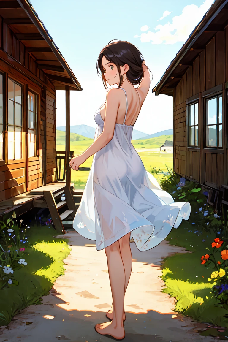 obra maestra ,mejor calidad, A beautiful woman with light delicately filtering through her hair., Her summer dress is beautiful and she is standing in front of a cabin without clothes. 
