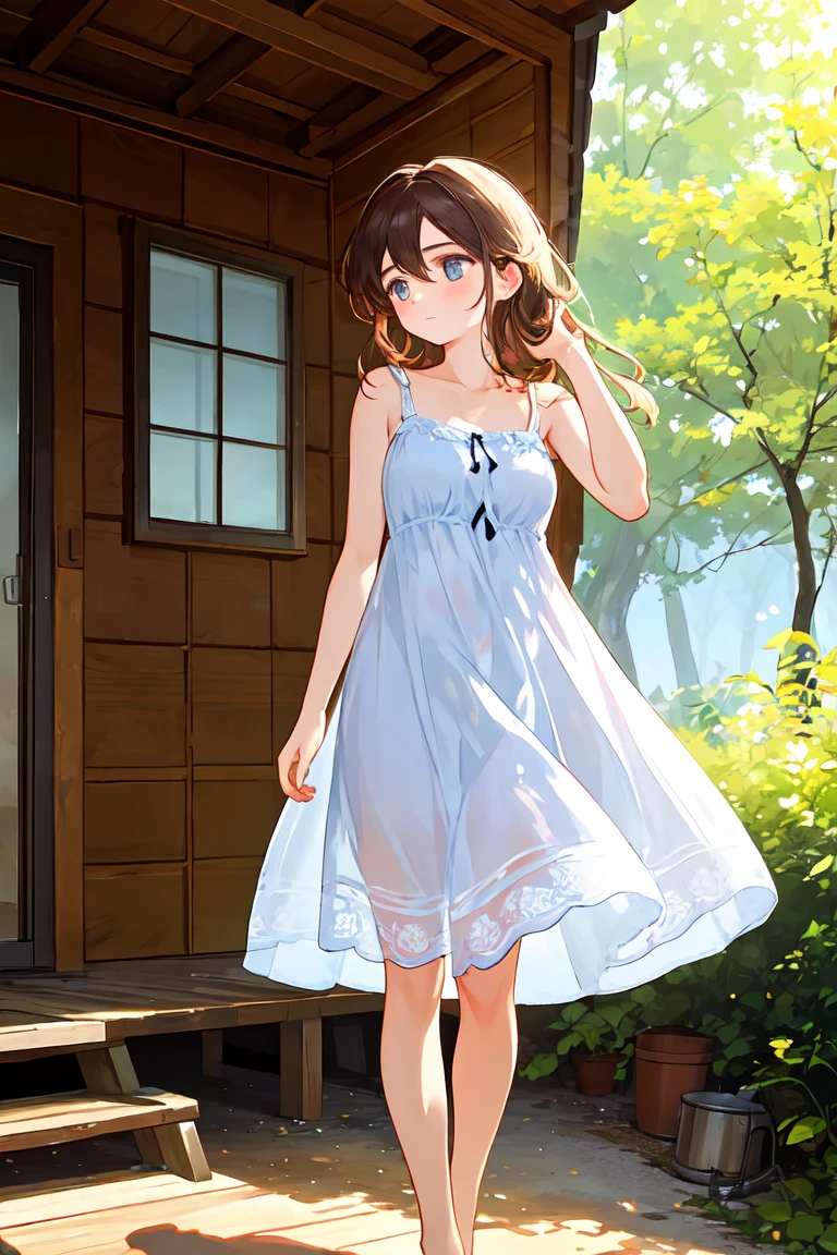 obra maestra ,mejor calidad, A beautiful woman with light delicately filtering through her hair., Her summer dress is beautiful and she is standing in front of a cabin without clothes. 
