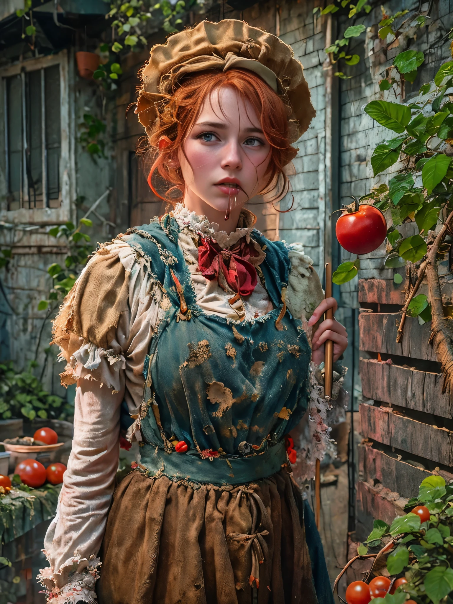 1920s,A very poor red-haired Victorian domestic worker, In the backyard of a small Victorian working class apartment,Wearing a tattered red maid costume,She ate a ripe, juicy tomato,While tending to the vegetable garden, Extremely detailed and complex, Bokeh, Shallow and deep, Don Lawrence realistic color comic scene style, Low profile, Octane Rendering, Octane Lighting, 1lldw1