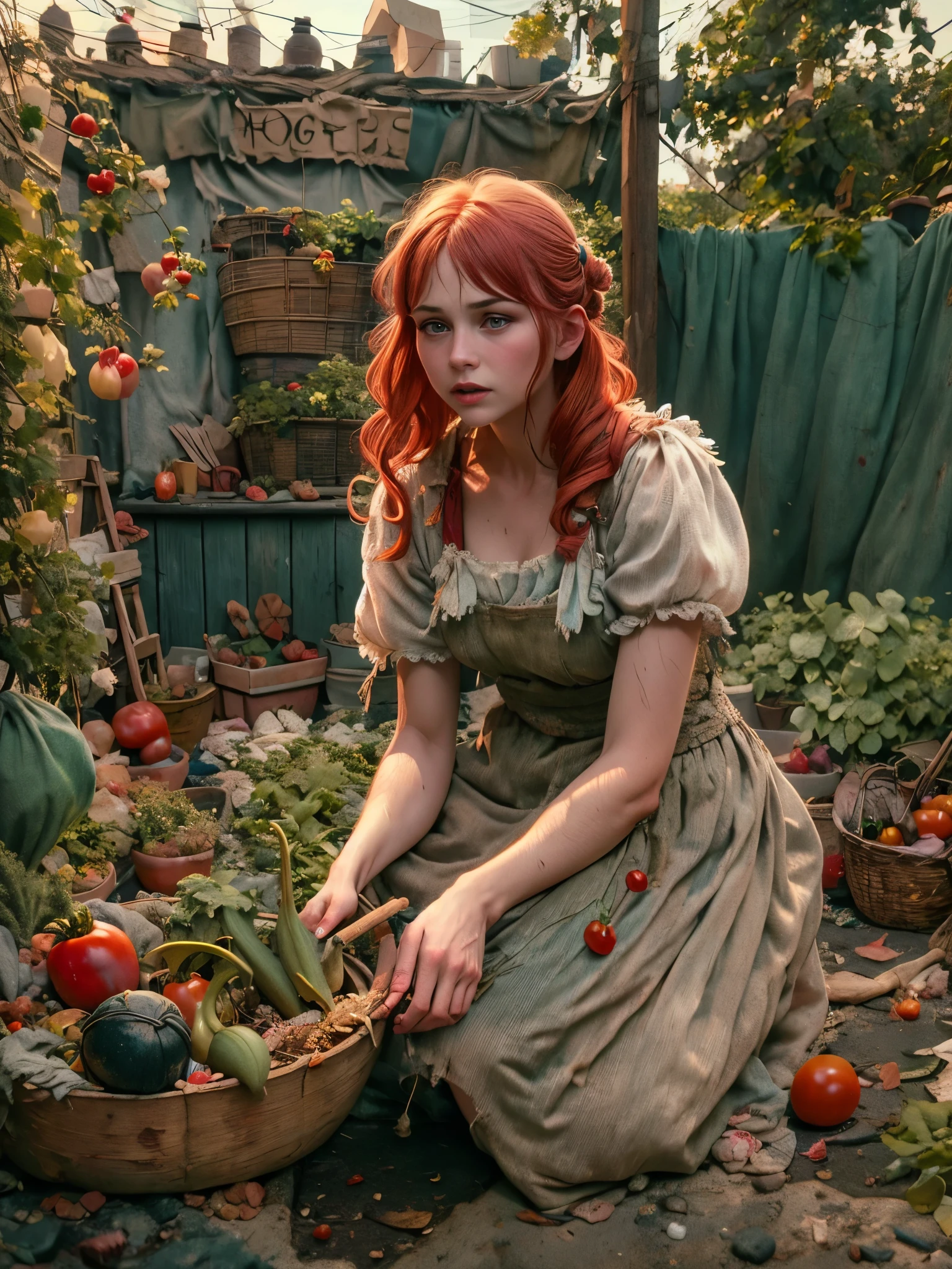 1920s，A very poor red-haired Victorian domestic worker, In the backyard of a small Victorian working class apartment，Wearing a tattered red maid costume，She ate a ripe, juicy tomato，While tending to the vegetable garden, Extremely detailed and complex, Bokeh, Shallow and deep, Don Lawrence realistic color comic scene style, Low profile, Octane Rendering, Octane Lighting, 1lldw1