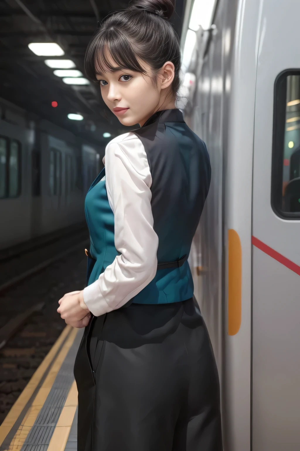 （Nankai Train crew uniformを着たリアルスタイル）、（The green vest of the Nankai train crew uniform、Nankai train crew uniform long-sleeved blouse with no collar、Nankai Train Crew Uniform Black Culottes）、Scarf around the neck、Big Breasts、Thin legs、（（Great hands：2.0）），（（Harmonious body proportions：1.5）），（（Normal limbs：2.0）），（（Normal finger：2.0）），（（Delicate eyes：2.0）），（（Normal eyes：2.0））)、smile、A beautiful back view showing off a black culottes skirt