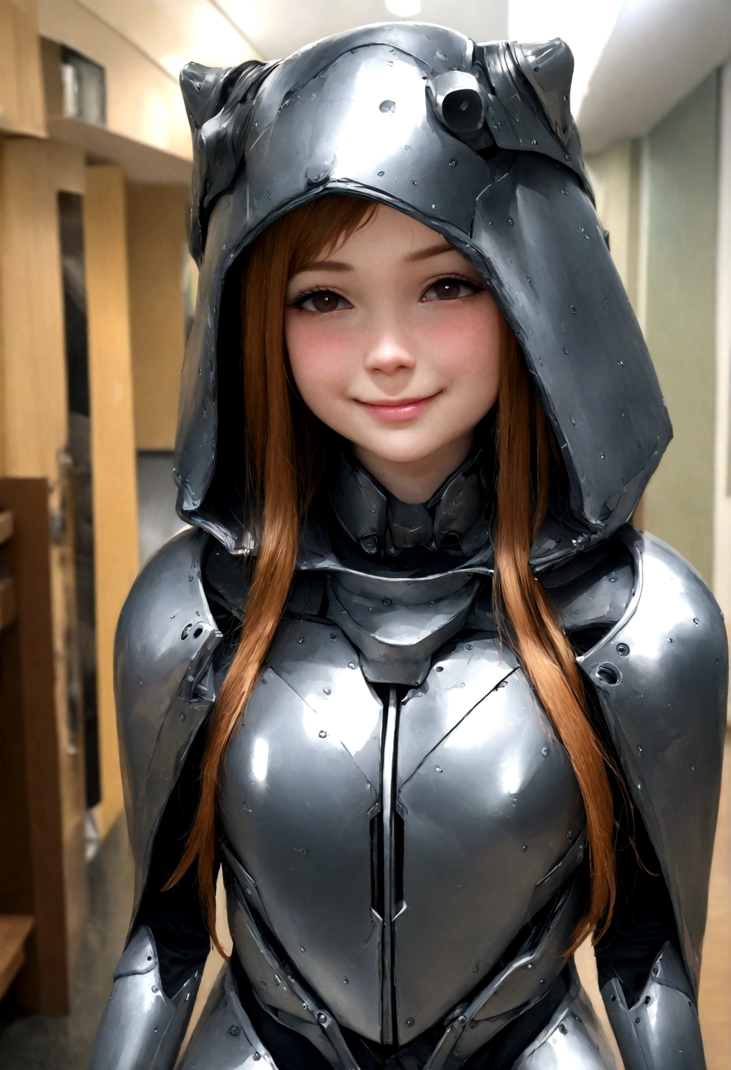 Hyper-realistic photo of a smiling young woman wearing high heels and yellow sweat., in the style of Patricia Piccinini, Flickr, Loretta Lux, Noise photography, emotional faces, Daniela Ulig, same photo, Pure sharp focus, HDR, Upper body, sci-fi armor, magnificent raincoat,