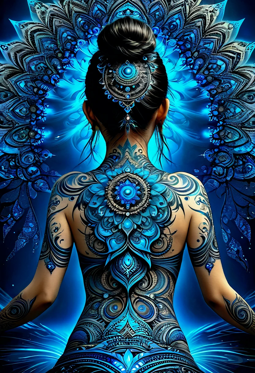 tatouage dans le dos, Very finely executed Indian fractal tribal tattoo, fine and very precise tattoo, electric blue glow in the dark tattoo, (flocon_de_Koch, ensembles_de_Mandelbrot, ensemble_de_Julia), fond uni, ((hyperRéaliste, masterpiece, romantique))