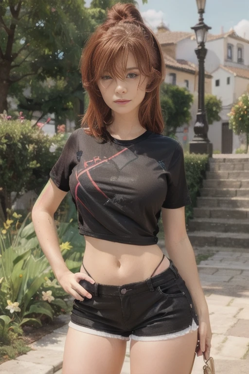 Young woman, red color hair, beautiful face, (fashion model portrait), (t shirt and shorts, gorgeous ), uhd, hair onion, ((european)) cute european face, large breasts, masterpiece, best quality in the world, onion hairs