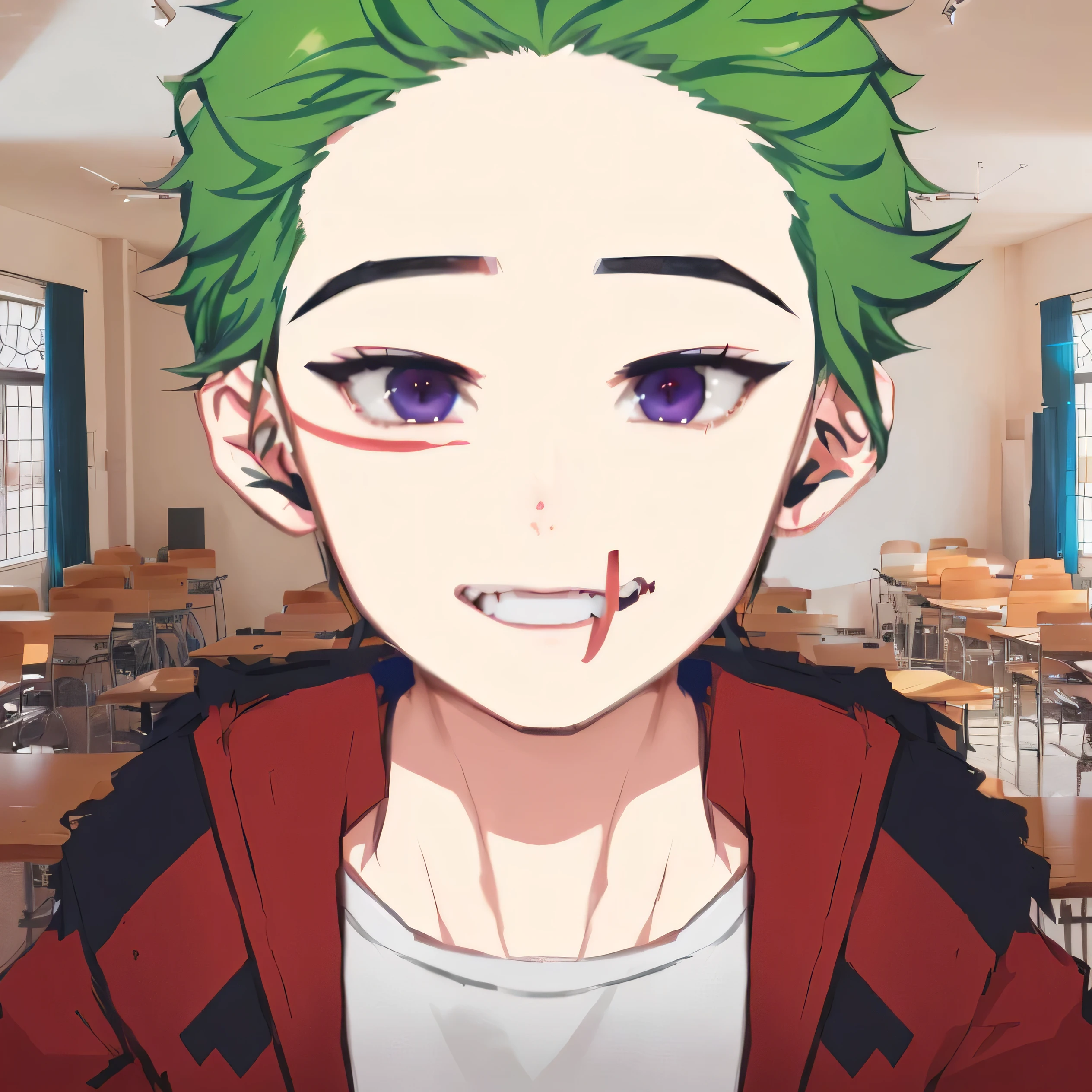 personaje de anime con cabello verde y ojos morados en el aula, el bromista se parece a naruto, fondo de secundaria, estilo de anime de manicomio, inspirado en Ito Ogura Yonesuke, Al estilo anime, En estilo anime, anime awarded in aesthetics, estilo de anime de estudio manicomio, Today's featured anime still., chico guapo en el arte de Demon Slayer, asesino de demonios rui fanart