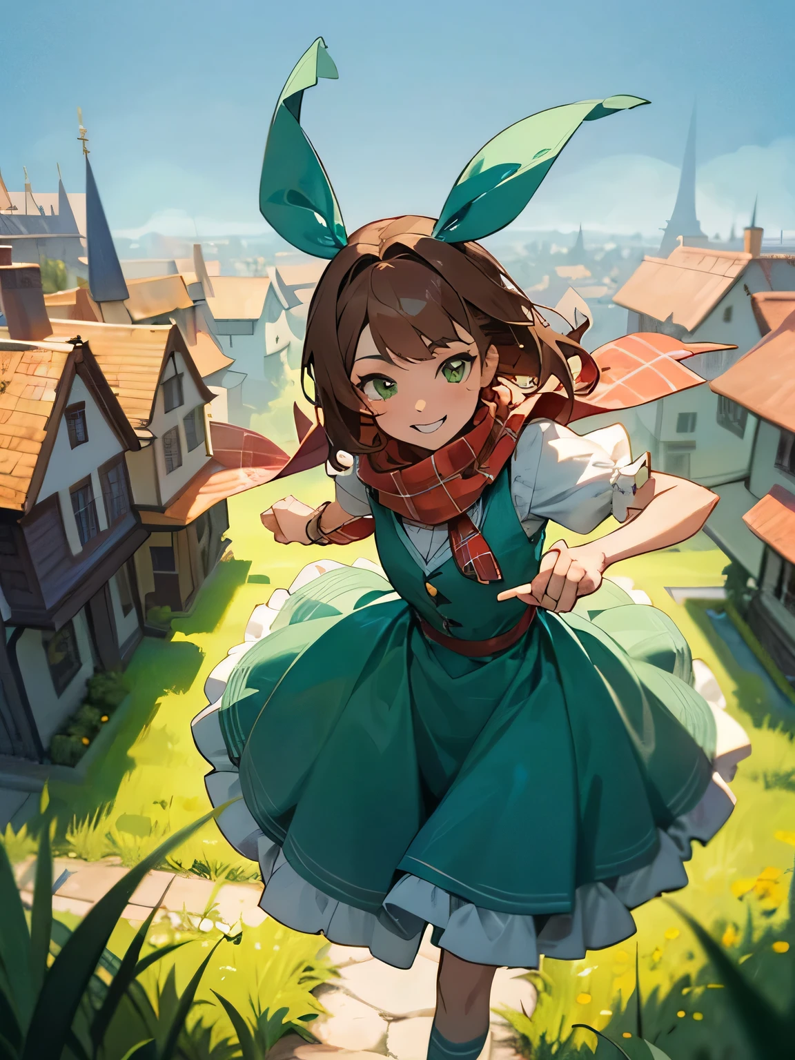 from above:1.3,(Main target: human),close up face, reddish-brown hair, scarf, skinny long white shirt, pastel red and pastel green and white, enchanting chest, smile, girls collection, elegant and mature feminine clothing, world view of Alice in Wonderland, Sky, grassland, colorful sculptures, fantasy world, pastel colored houses, magical world, running pose,pastel colored plaid background