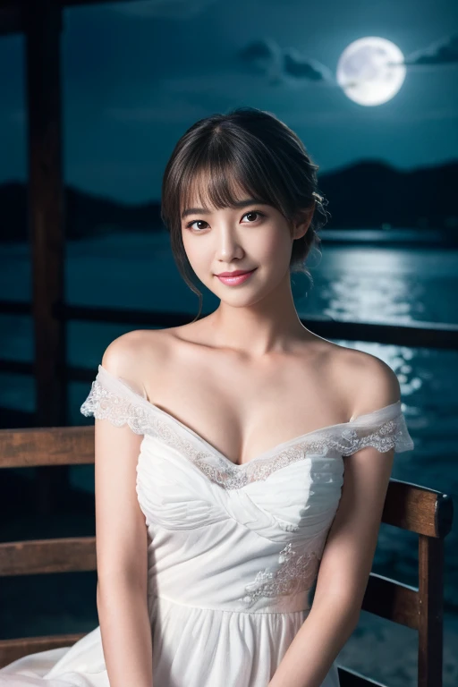 ((table top:1.4, highest quality)), (realistic pictures:1.4),
((1 girl)), (Pure actress), (dream-like),
(超High resolution:1.2), very delicate and beautiful, wonderful, Highly detailed CG Unity 8K wallpaper, Super detailed, High resolution,
soft light, beautiful detailed girl, highly detailed eyes and face, beautifully detailed nose, beautiful and detailed eyes,
(wear a light white dress:1.3), (A girl full of mysterious beauty),
cinematic lighting, perfect anatomy, slender body, (parted bangs),
(sitting:1.3), (night view), (moon), (The beauty of moonlight),
cowboy shot, looking at the viewer, smile