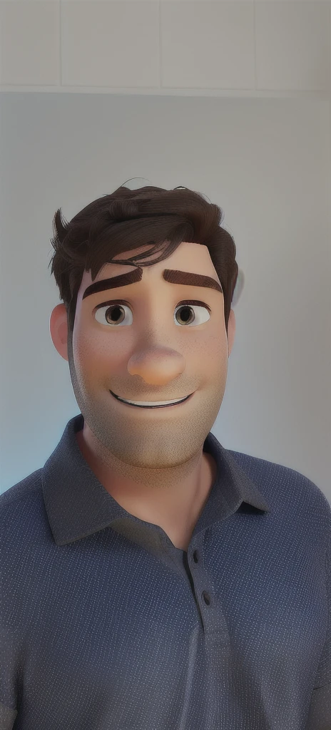 Create a 3D pixar-style portrait image with a clean look and white background of a 30-year-old man, no beard, light brown skin, medium-sized dark brown eyes, not smiling, short semi-wavy black hair, light blue polo shirt, forehead normal with expression marks.

