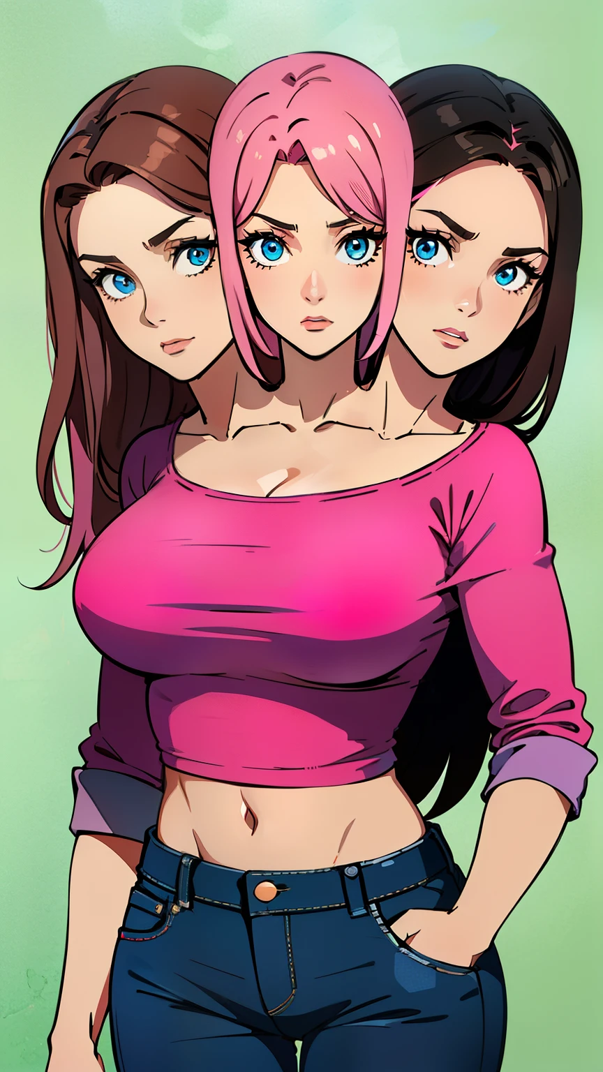 (masterpiece),best quality:1.5, ultra-detailed, high resolution, high quality, 16K, ((2heads:1.5)), ((brown hair)), ((pink hair)), blue eyes two headed girl, (different hair colors), long hair, black shirt, blue jean pants, (1girl), conjoined twins, midriff-revealing shirt, sexy silhouette