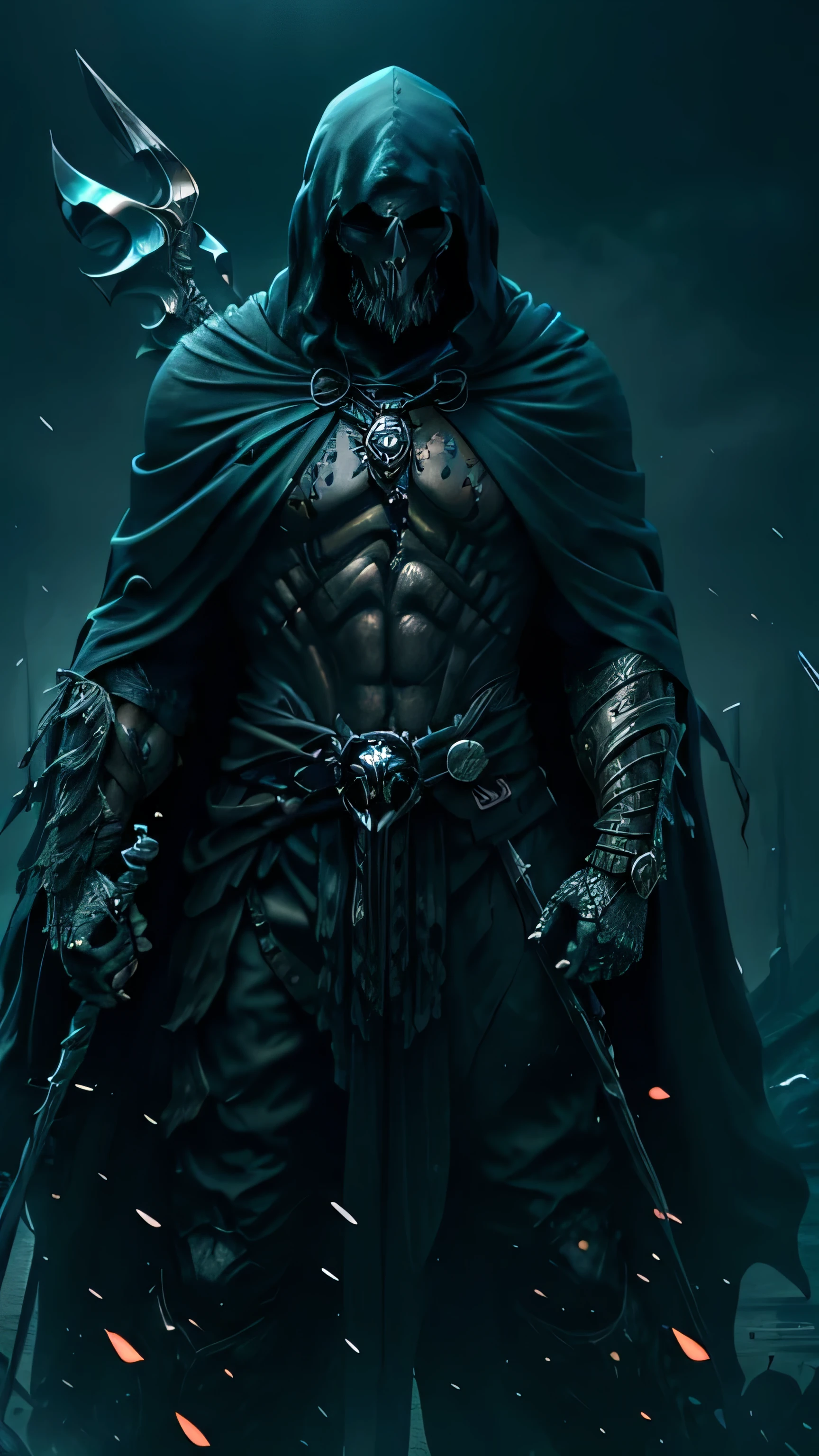 horror, ((Jason Momoa)) as reaper, skeleton, hood, cloak, ornaments, golden jewelry, blue glow, ghastly, blue energy, apocalypse, end of the world, armageddon, dark fantasy, eerie, grim, ominous, blue theme, (1man), (solo), (full body view), beautiful detailed glow, detailed, cinematic light, intricate detail, realistic, highres, detailed facial features, high detail, sharp focus, smooth, aesthetic, extremely detailed, stamp, octane render