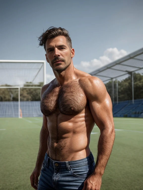 masterpiece, best quality, high resolution, closeup portrait, male focus, solo focus, A man, 50 years old, grey hair, soccer player, football player, grey silver hair, messy hairstyle, cute and seductive face, bare chest, body hair, facial hair, roman nose, very skinny body, hairy legs, cute, dimples, goatee and mustache, bold jawline , full body, sweaty, in the background an outdoor soccer football field, view from below, amazing composition, front view, HDR, ultra quality, elegant, highly detailed, fully naked, beautiful penis, realisric male genitalia, male penis, penis, cock, dick, veiny dick. Blue Jeans