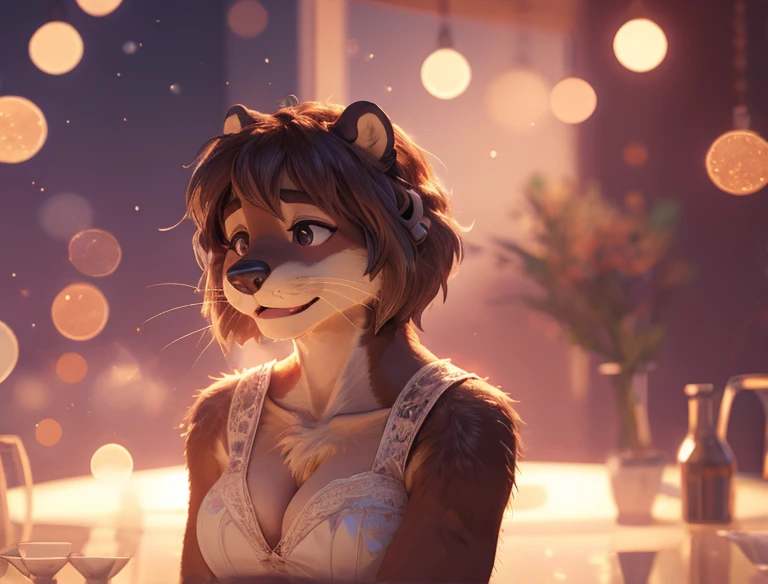 Hallucination, daydream , Bokeh , hairy fur female otter , good body shape , (Don't worry, I'm wearing) , Cleavage is itchy