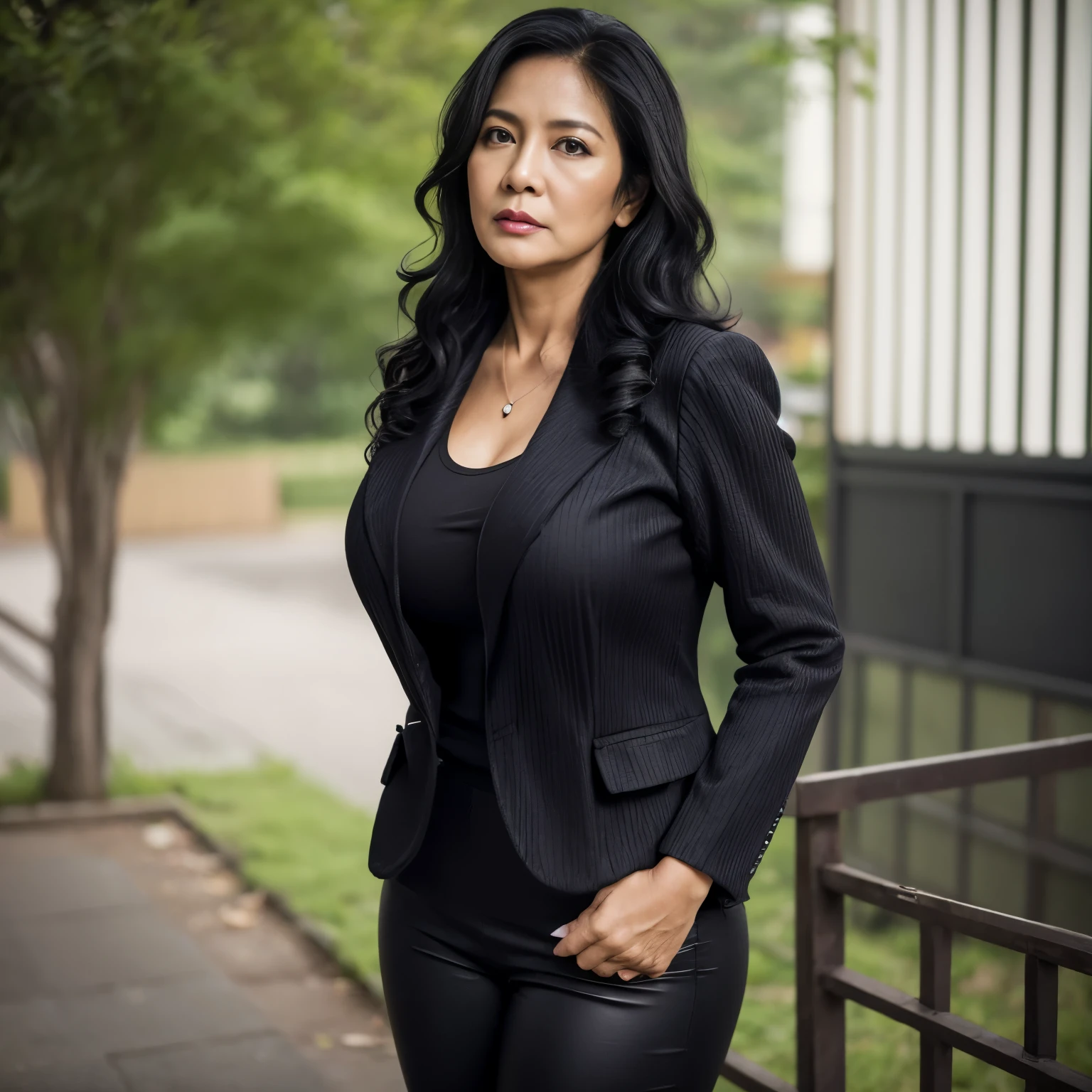 58-Years-Old,Female Teacher, (((Indonesian Mature Woman))), (((Black wavy Long hair))), (((Wearing Tight Blazer))), wearing Thin T-Shirt, Wearing Long Stockings Pants, Realistic Ultra-Gigantic Breast : 176.9, (((Breast About to Burst out))), PP cup Breast, Seductive Look, full body shot, depth of field, best quality photo, 2048p, 128K HDR.