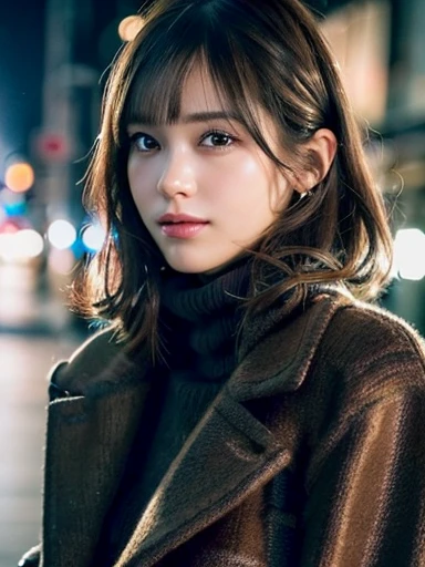 One Girl,(Chesterfield coat:1.4), (Turtleneck sweater:1.4),(RAW Photos, highest quality), (Realistic, Photorealistic:1.4), (Full Body Shot:1.3), Very delicate and beautiful, Very detailed, 8k wallpaper, wonderful, In detail, Very detailedなCG Unity, High resolution,Very clear,  Soft Light, Beautifully detailed 19 year old girl, Very detailedな目と顔, Beautifully detailed nose, Beautiful fine details,Cinema Lighting,City lights at night,Perfect Anatomy,Slender body,smile  (My hair is messy, Asymmetrical bangs, Black Hair,Pixie Cut)