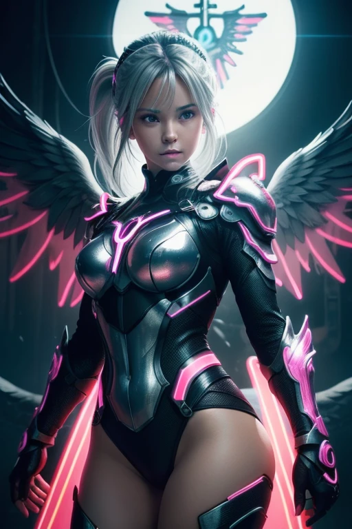 (((medium full shot))), (Masterpiece, photorealistic, photorealism, best quality, ultra-detailed:1.3), (nice hands, perfect hands), official art, cinematic light, (1girl:1.3), adult, dynamic angle,(looking at viewer:1.2),((colorful:1.1)),(come down from sky:1.2),goddess,(standing on one leg:0.4),black wings,(((neon))),(glowing armor:0.8),((facing viewer)),broken armor,(holy light:1.3),ultra detailed background,glowing wings,silverhair,fashion photography,pony tail,